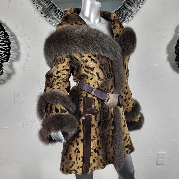 MITCHIE'S~M/L~BROWN GENUINE FOX FUR REAL RABBIT LEOPARD ANIMAL PRINT HOODED COAT - Picture 5 of 16